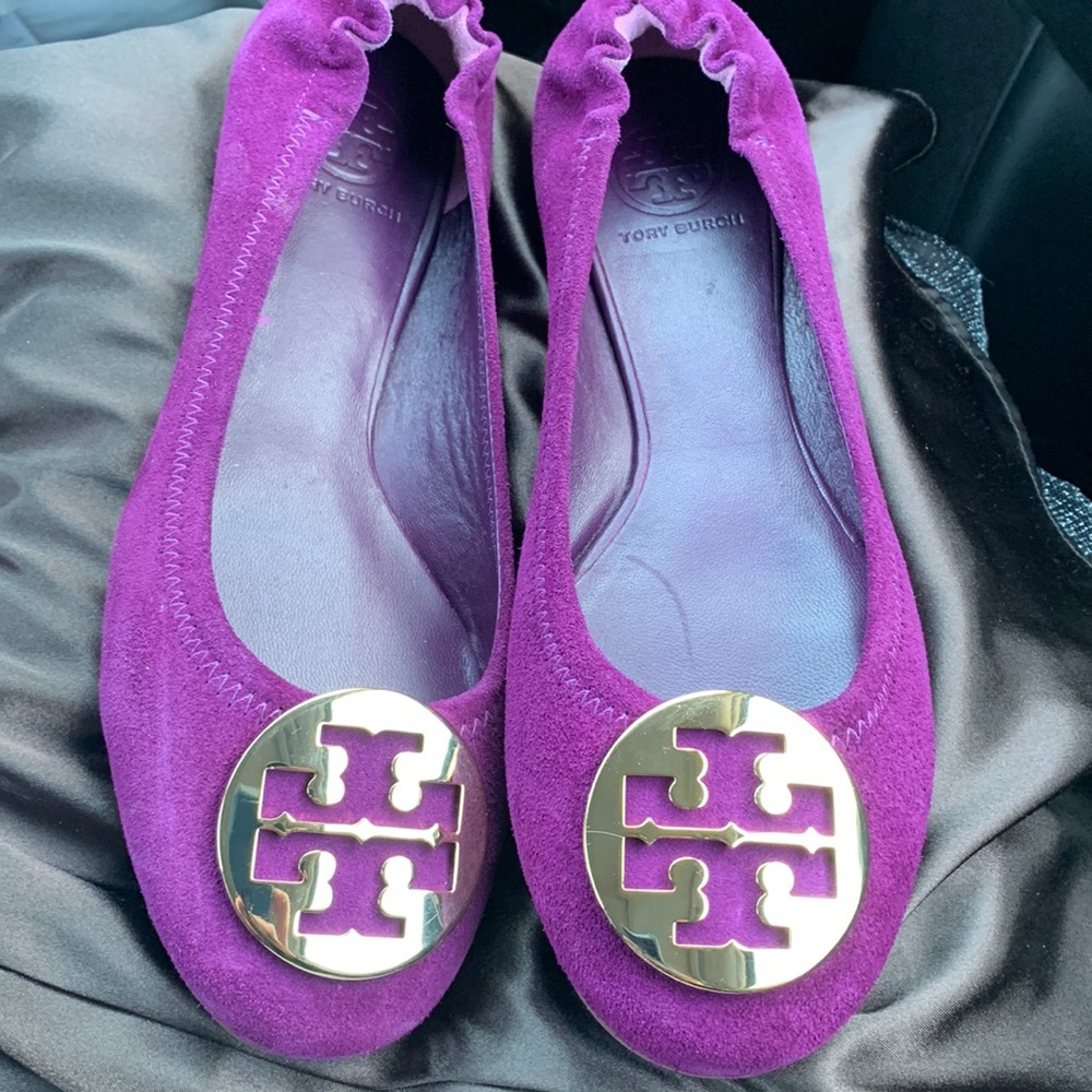 Tory Burch Magenta Suede Flats with Gold Emblem
